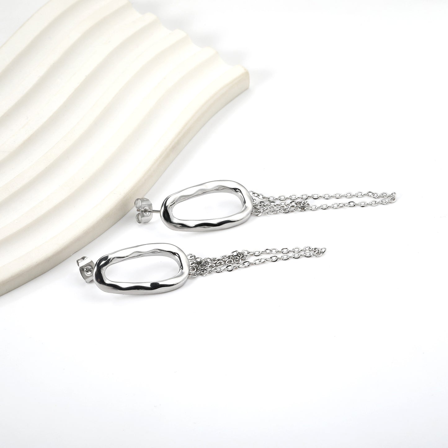 Abstract Oval Drop Silver Earrings