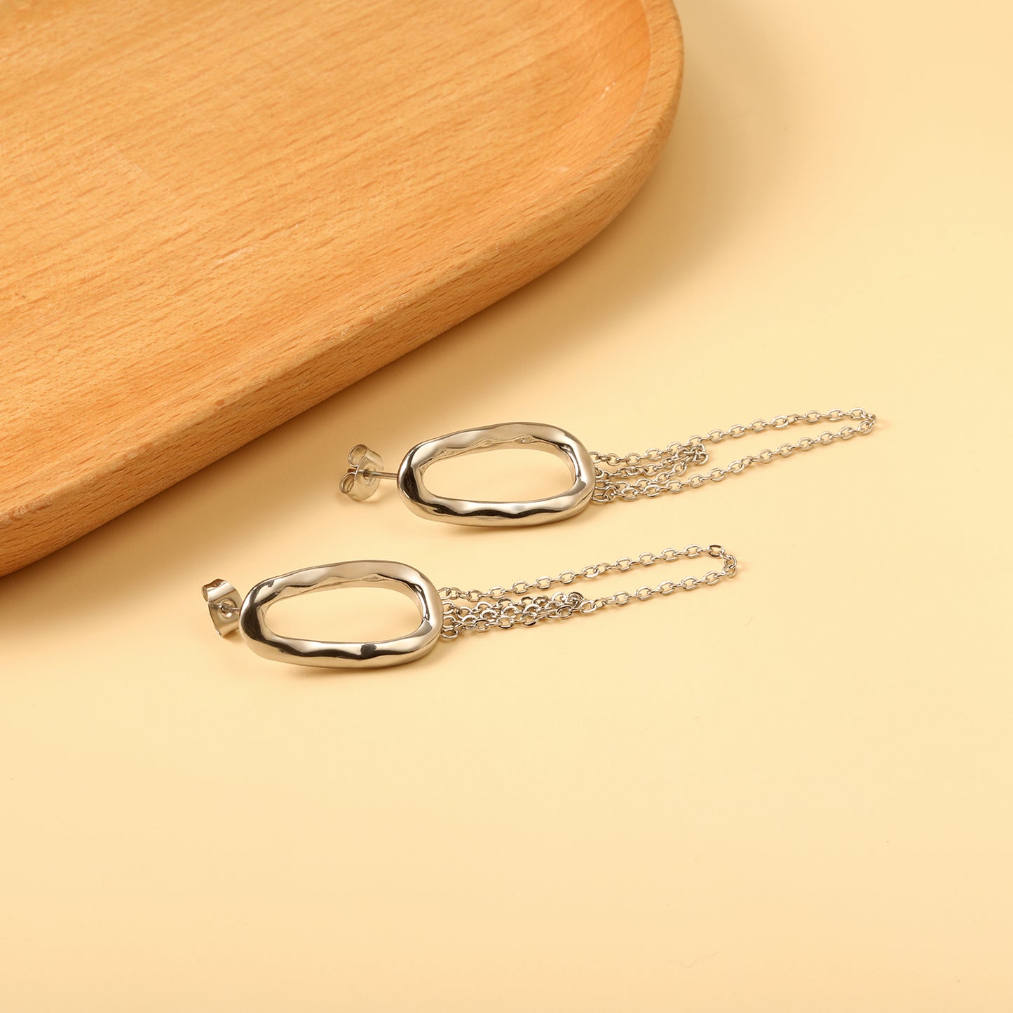 Abstract Oval Drop Silver Earrings