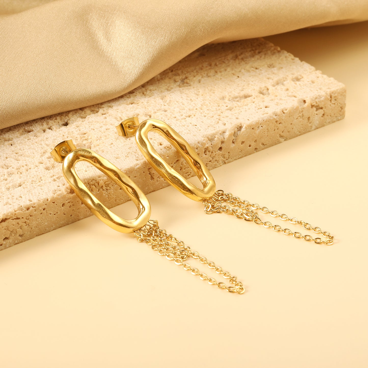 Abstract Oval Drop Golden Earrings