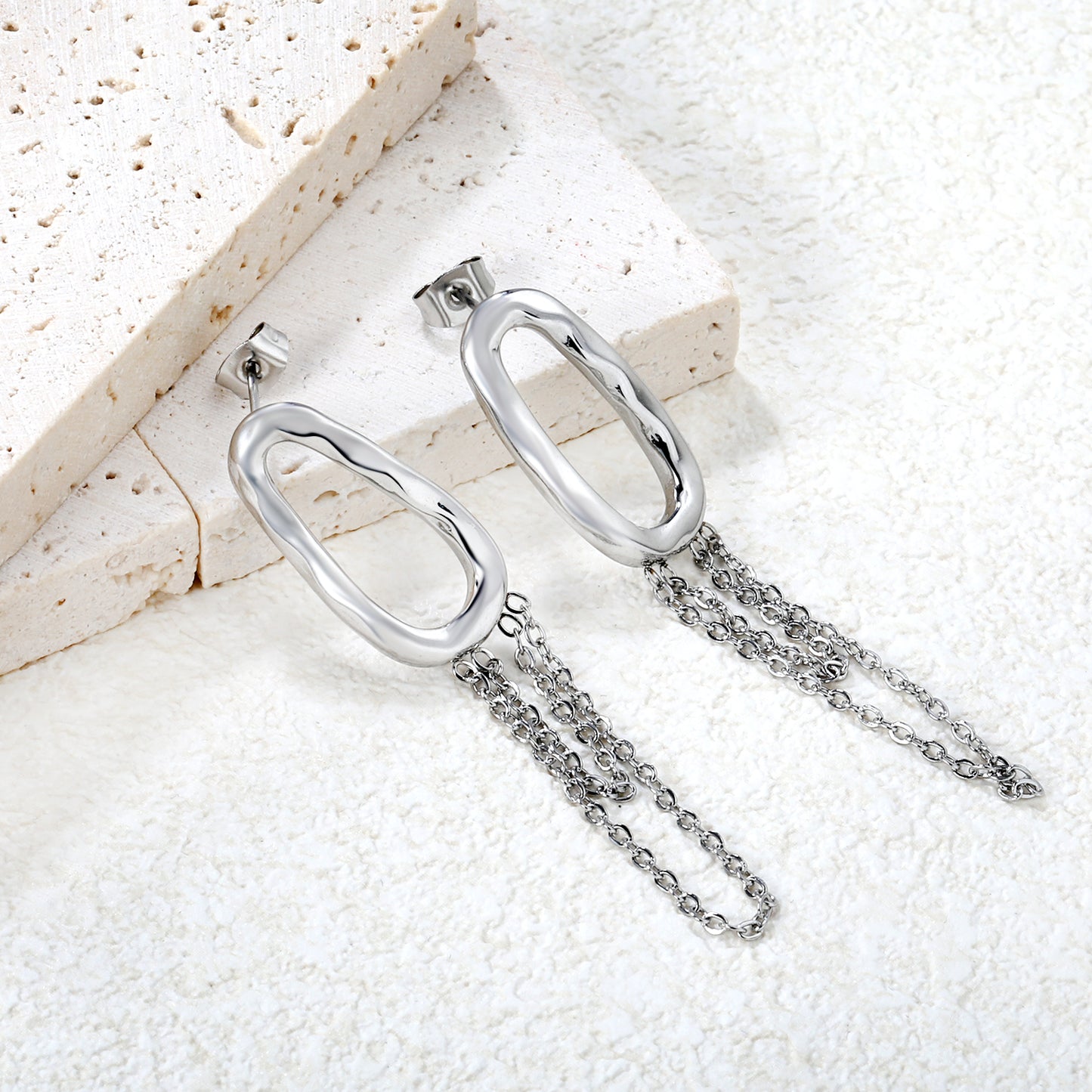 Abstract Oval Drop Silver Earrings