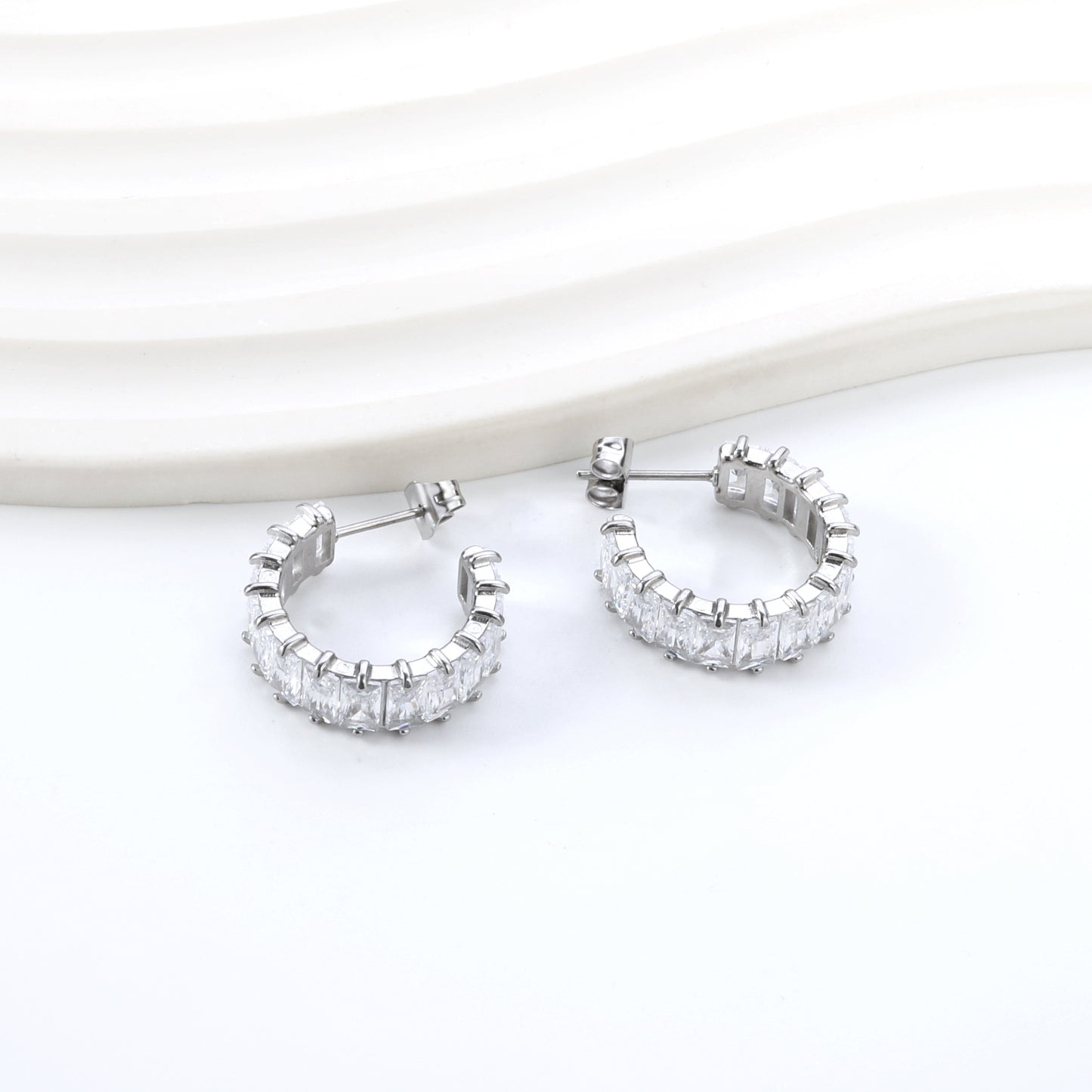 Crystal Curve Silver Earrings