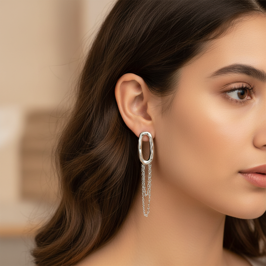 Abstract Oval Drop Silver Earrings