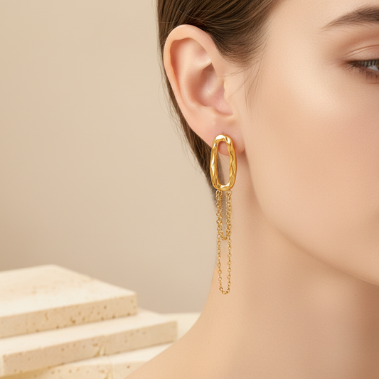 Abstract Oval Drop Golden Earrings